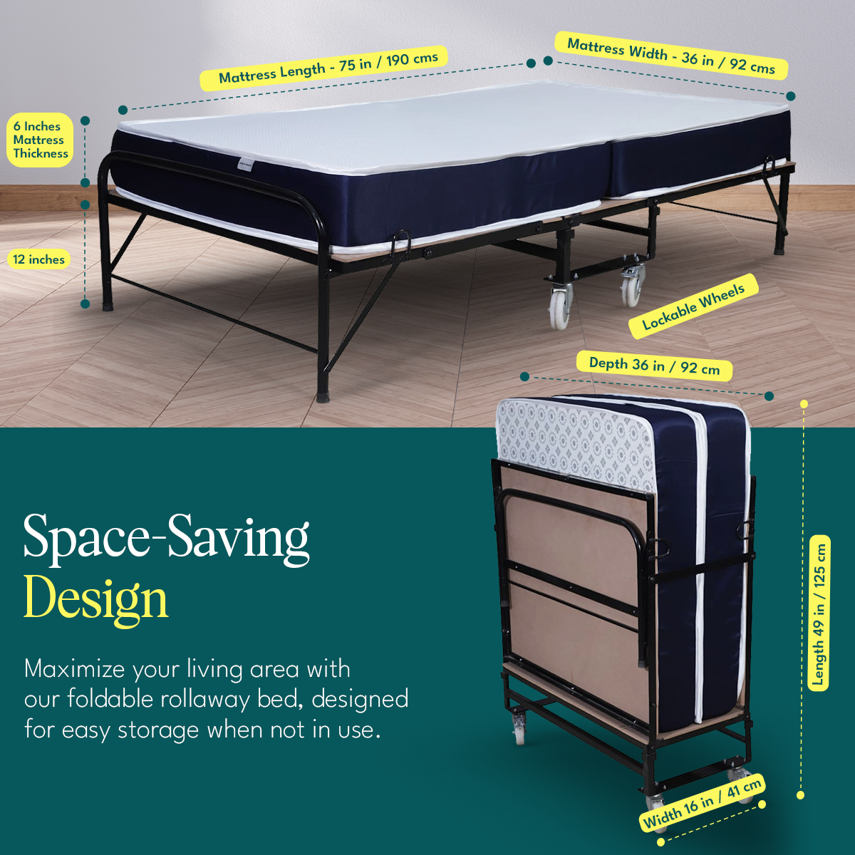 Folding Rollaway Bed With 6" Mattress
