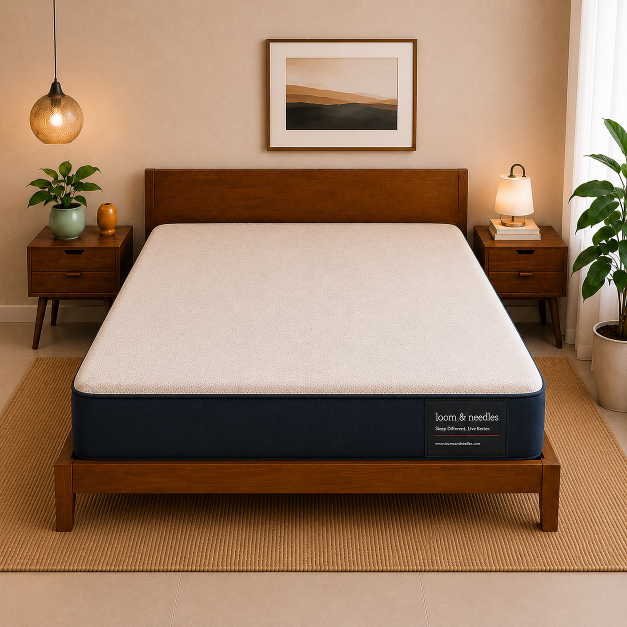 A Dual Comfort Reversible Hard & Soft mattress on a wooden bed frame in a styled bedroom setting with matching nightstands, lamps, plants, and a framed landscape print on the wall.