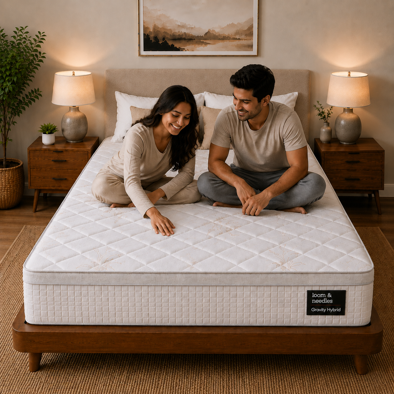 A man and woman sit on a white Gravity Hybrid Euro Top 5 Zoned Zero Partner Disturbance & 7 Layered Foam, Gel Memory Plush Medium Firm Comfort Mattress on a wooden bed frame in a styled bedroom setting with bedside tables, lamps, and a framed landscape print on the wall.