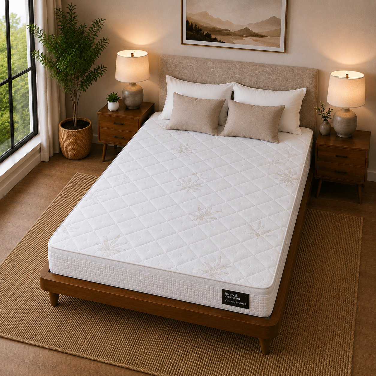 A Gravity Hybrid Euro Top 5 Zoned Zero Partner Disturbance & 7 Layered Foam, Gel Memory Plush Medium Firm Comfort Mattress on a wooden bed frame in a styled bedroom setting with matching nightstands, lamps, a potted plant, and a woven rug.