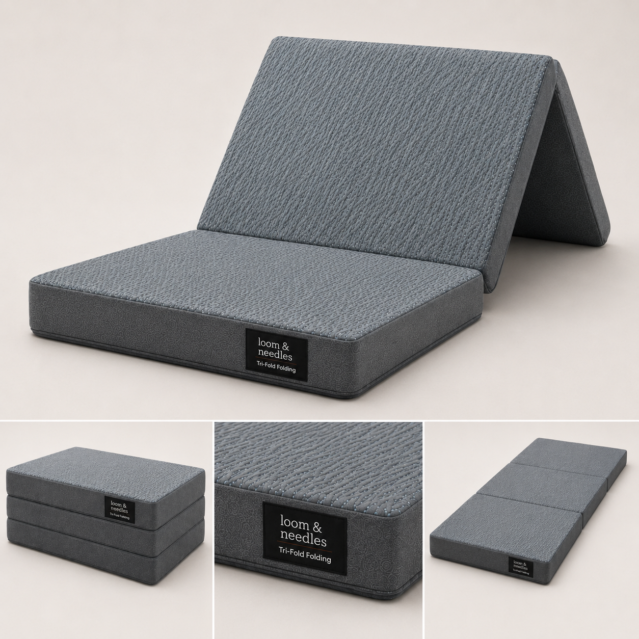 A gray Memory Foam Folding & Tri-Fold Mattress shown in multiple views, folded into an A-frame support shape and stacked. The mat has a textured weave and a black label reading 'loom & needles' and 'Tri-fold Folding'.