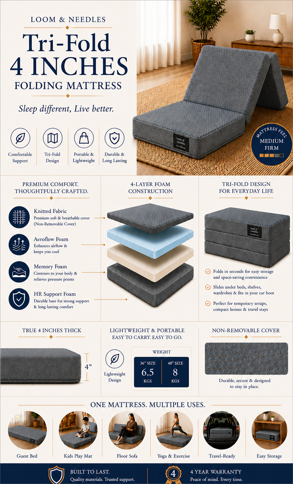 An infographic-style product page for a Tri-Fold 4 Inch Folding Mattress by Loom & Needles, showing the mattress folded and unfolded in a bedroom setting, with feature callouts, material layers, dimensions, and usage examples.
