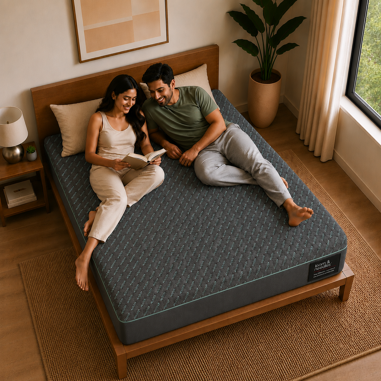 A couple relaxes on a dark gray textured Orthopedic Multi Layered Zoned Memory Foam Mattress on a wooden bed frame in a warm, modern bedroom. The brand name 'PILAR' is visible on the corner label of the mattress.