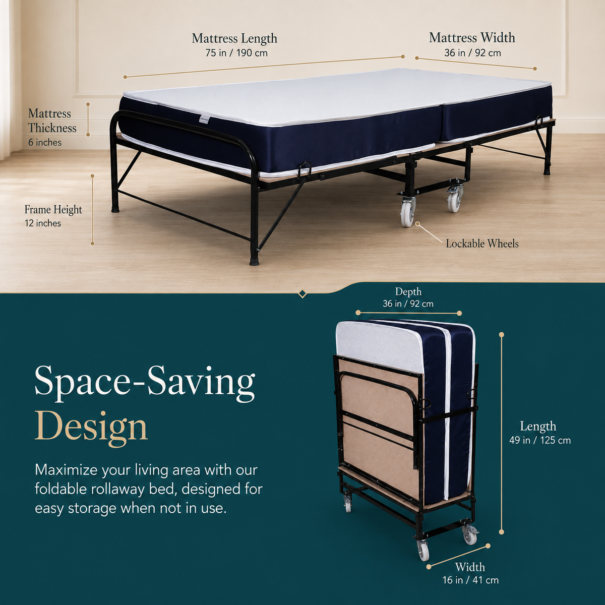Folding Rollaway Bed With 6" Mattress