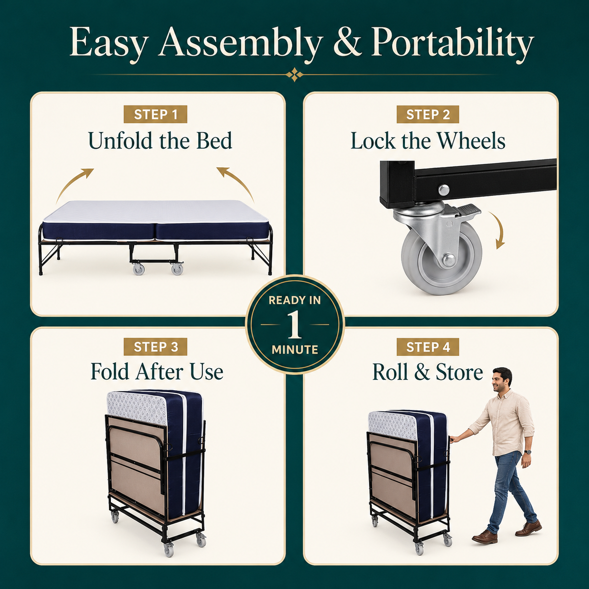 Folding Rollaway Bed With 6" Mattress