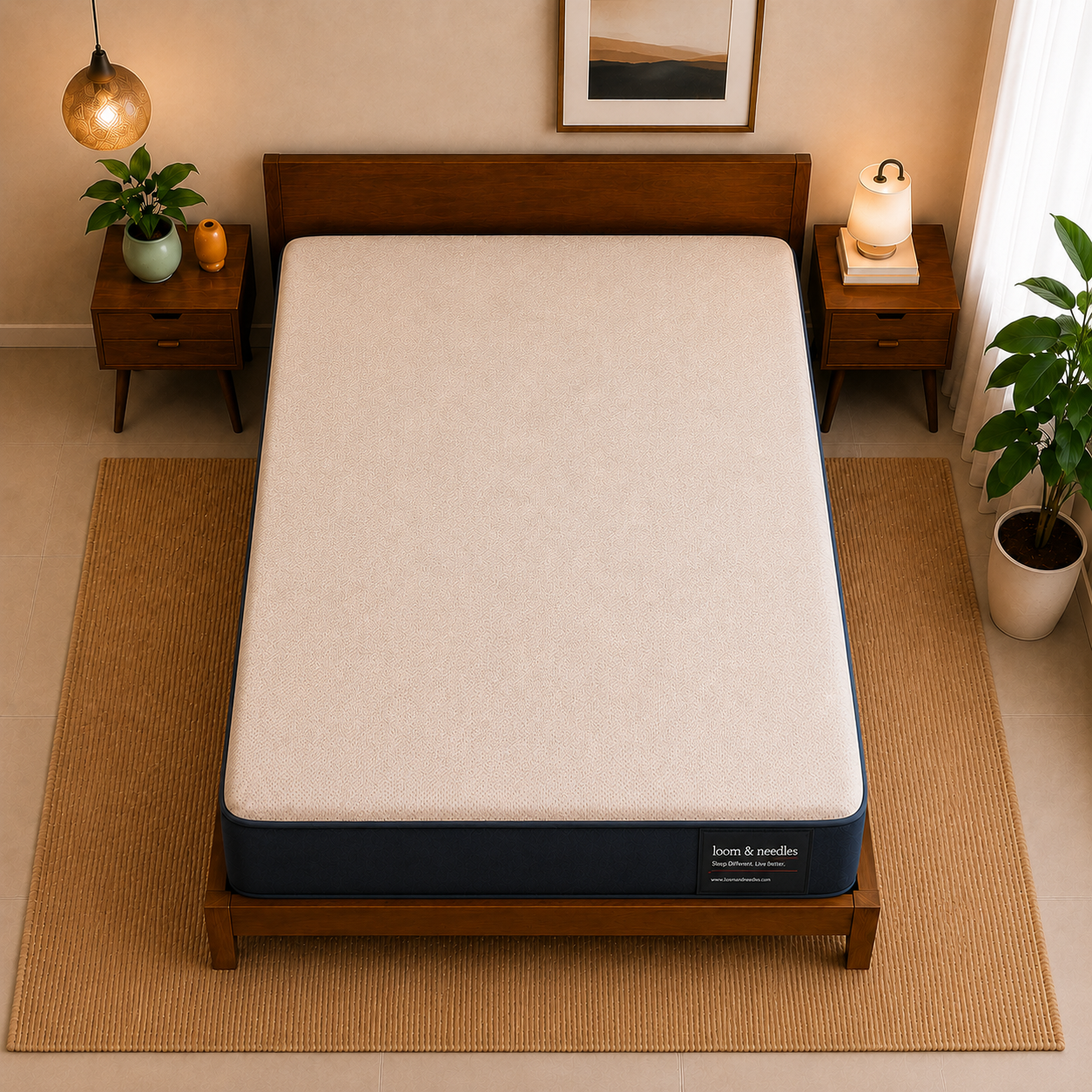 A top-down view of a bed with a cream-colored Dual Comfort Reversible Hard & Soft mattress and dark navy blue side panels, set on a wooden platform bed frame in a warm, modern bedroom. The bed is flanked by matching wooden nightstands with lamps and potted plants, all arranged on a woven jute rug.