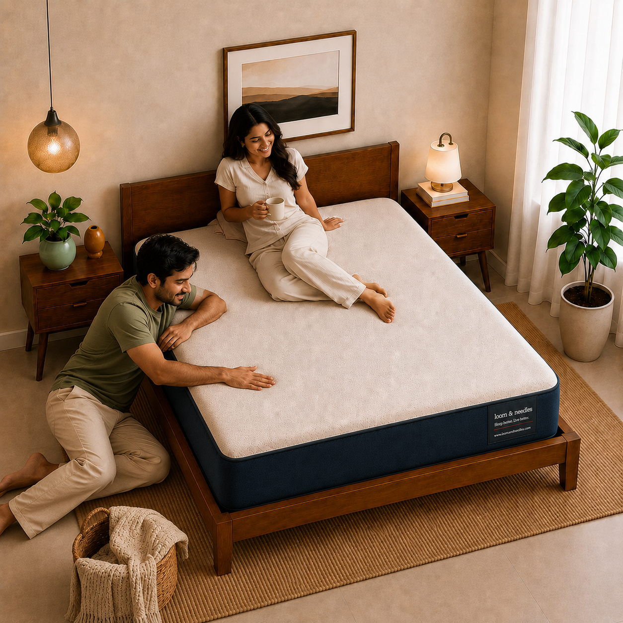A man and a woman relax on a Dual Comfort Reversible Hard & Soft mattress in a wooden bed frame in a cozy, warm-toned bedroom. The mattress has a cream-colored top and a dark navy blue side panel with a small white brand label that reads 'Loom & Needles'.