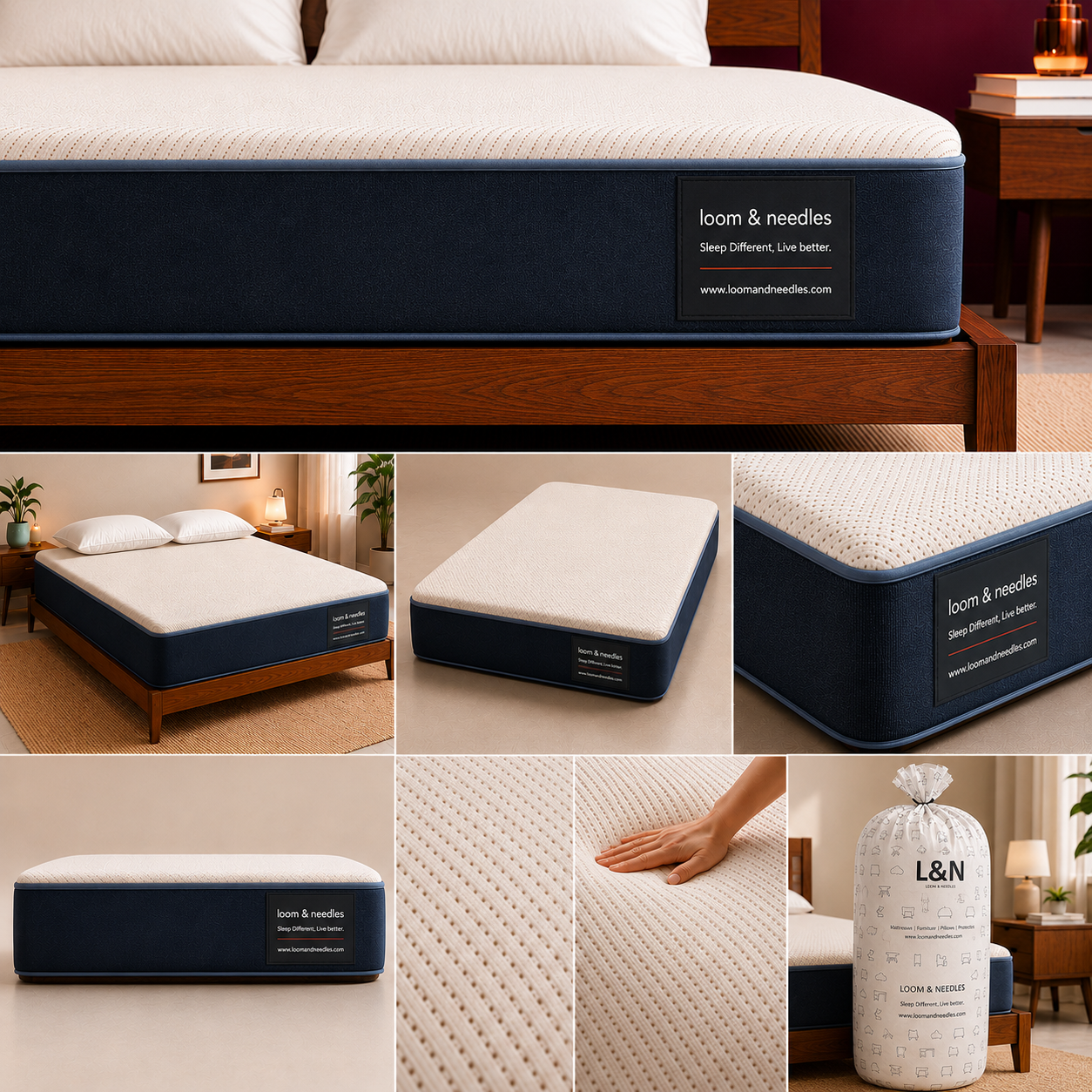 A collage showing a mattress from multiple angles in a bedroom setting, with a hand resting on the mattress surface and a branded L&N package shown at the bottom right. The mattress has a cream quilted top and a dark navy side panel with visible 'loom & needles' branding.