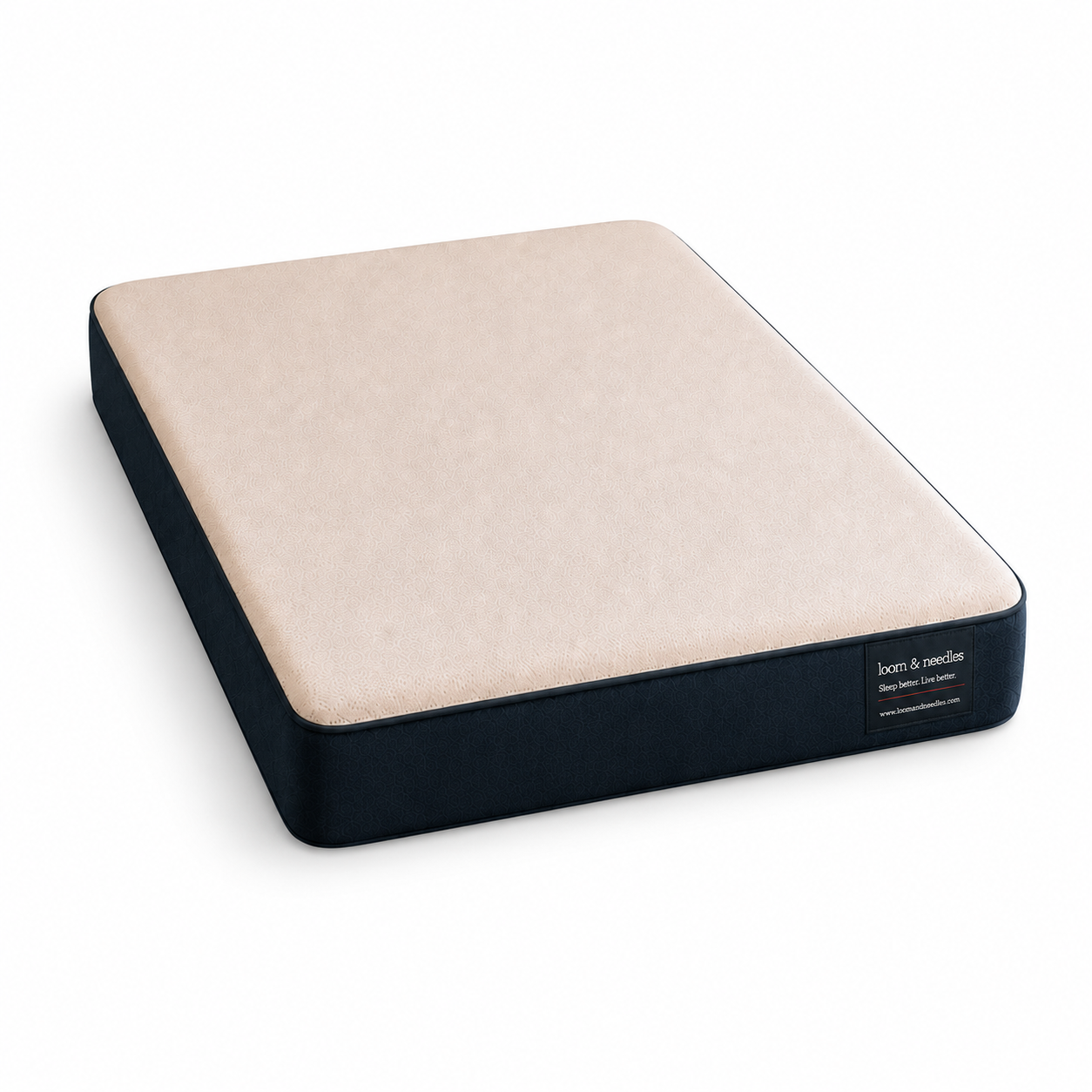 A Dual Comfort Reversible Hard & Soft mattress shown at an angle on a clean white background, featuring a light beige textured top and dark navy blue sides.