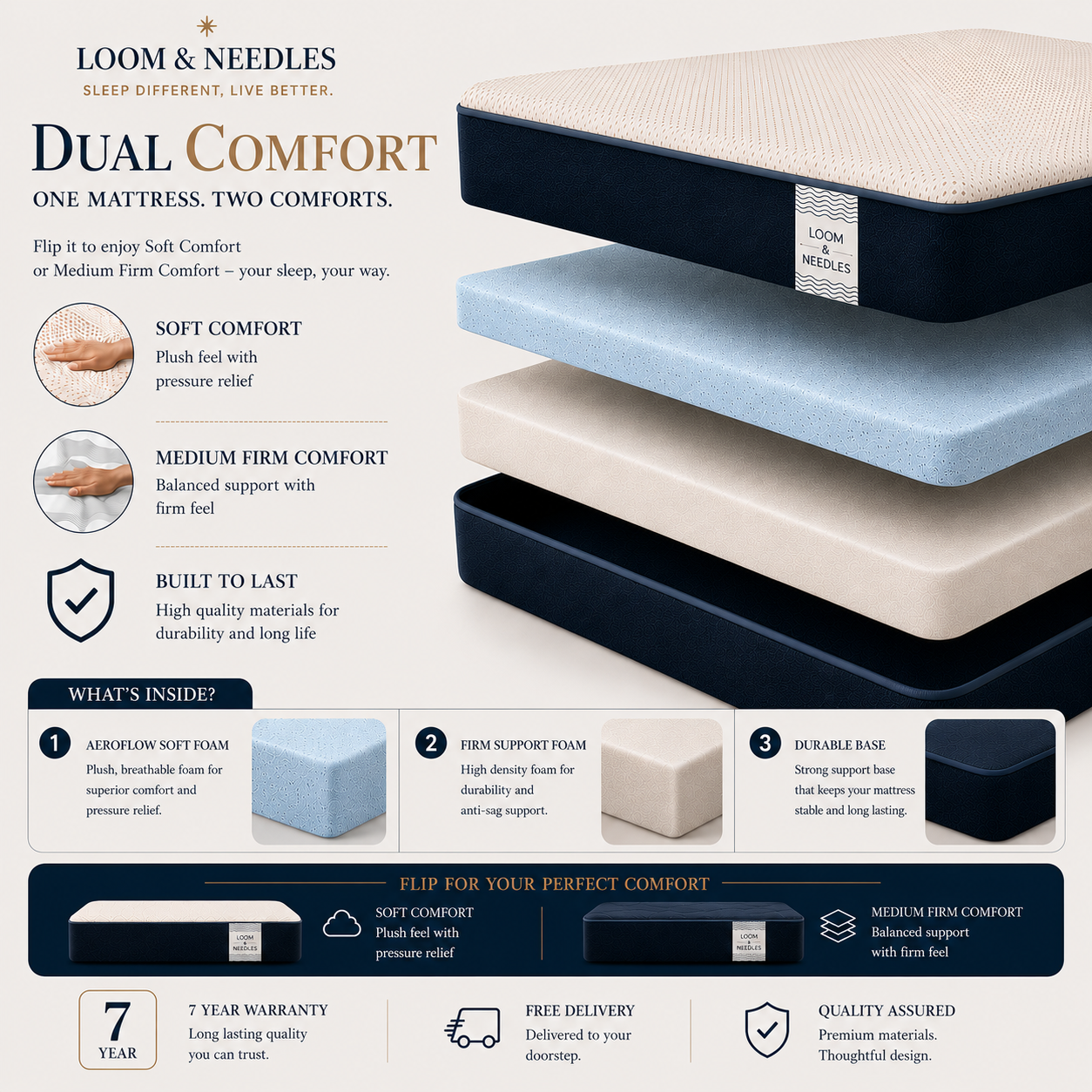 An infographic-style product image for the Loom & Needles Dual Comfort mattress, showing a stacked three-layer mattress on the right with labels for soft comfort, medium firm comfort, and durable base. The left side includes marketing text, feature callouts, and a section titled 'What's Inside' with icons and descriptions for airsoften soft foam, firm support foam, and durable base.