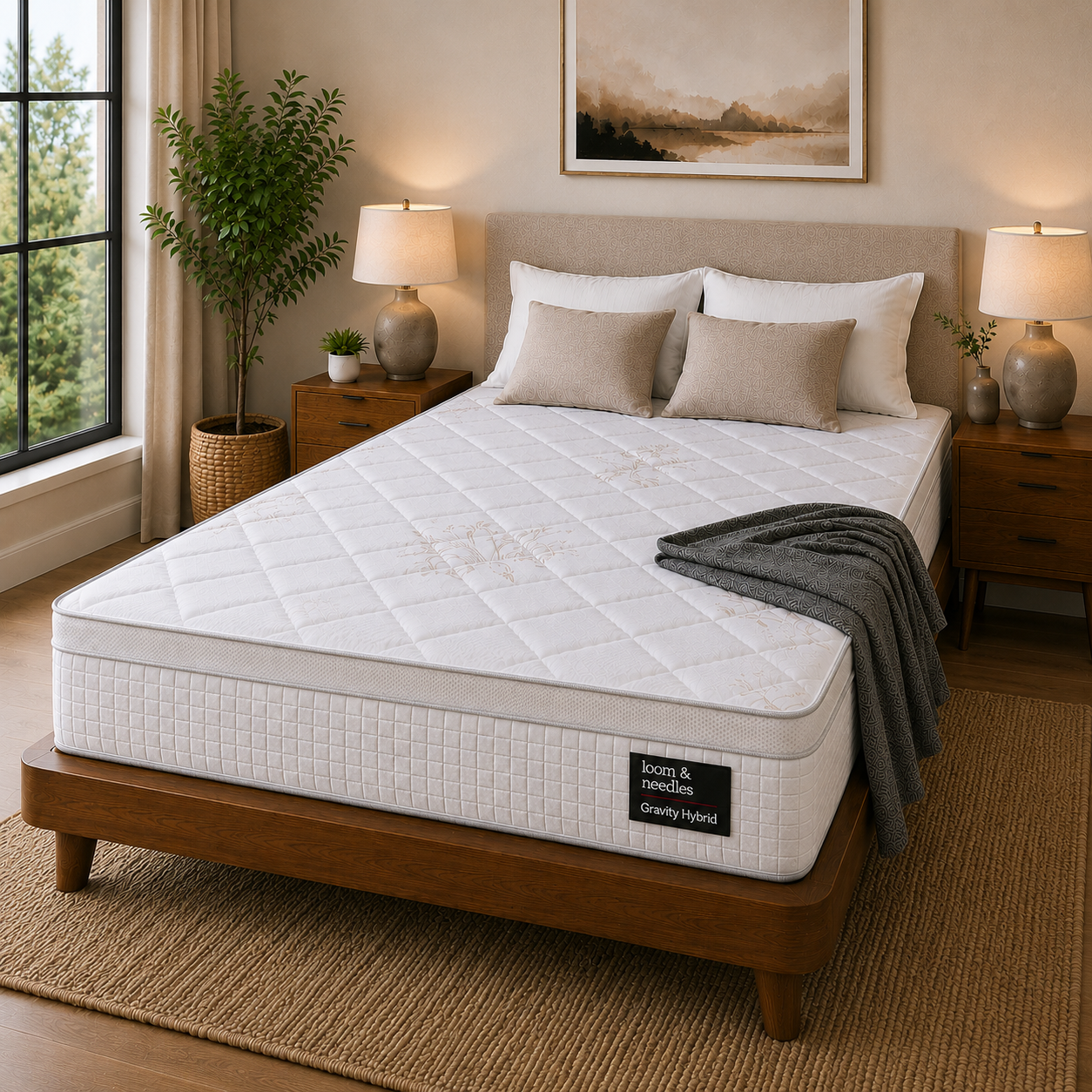A white quilted Gravity Hybrid Euro Top 5 Zoned Zero Partner Disturbance & 7 Layered Foam, Gel Memory Plush Medium Firm Comfort Mattress on a wooden bed frame in a styled bedroom setting with matching nightstands, lamps, a potted plant, and neutral bedding.
