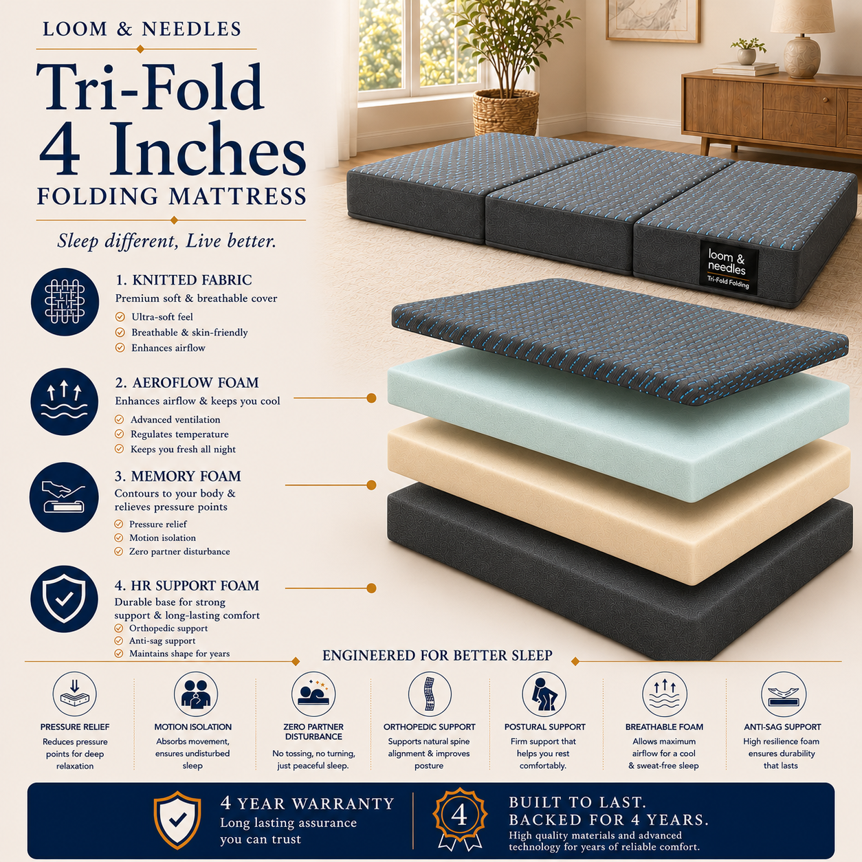 An infographic-style product image for a Loom & Needles Tri-Fold 4 Inch Folding Mattress, showing the assembled mattress on the right and a cutaway cross-section on the left with labeled foam layers and feature callouts on a light gray background.