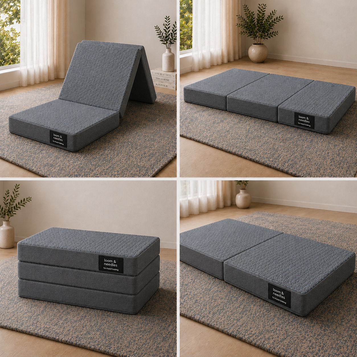 A four-panel collage showing a gray tri folding mattress or small bed in different configurations: folded upright, laid flat as three panels, stacked, and laid flat as two panels, all placed on a rug in a bright room.