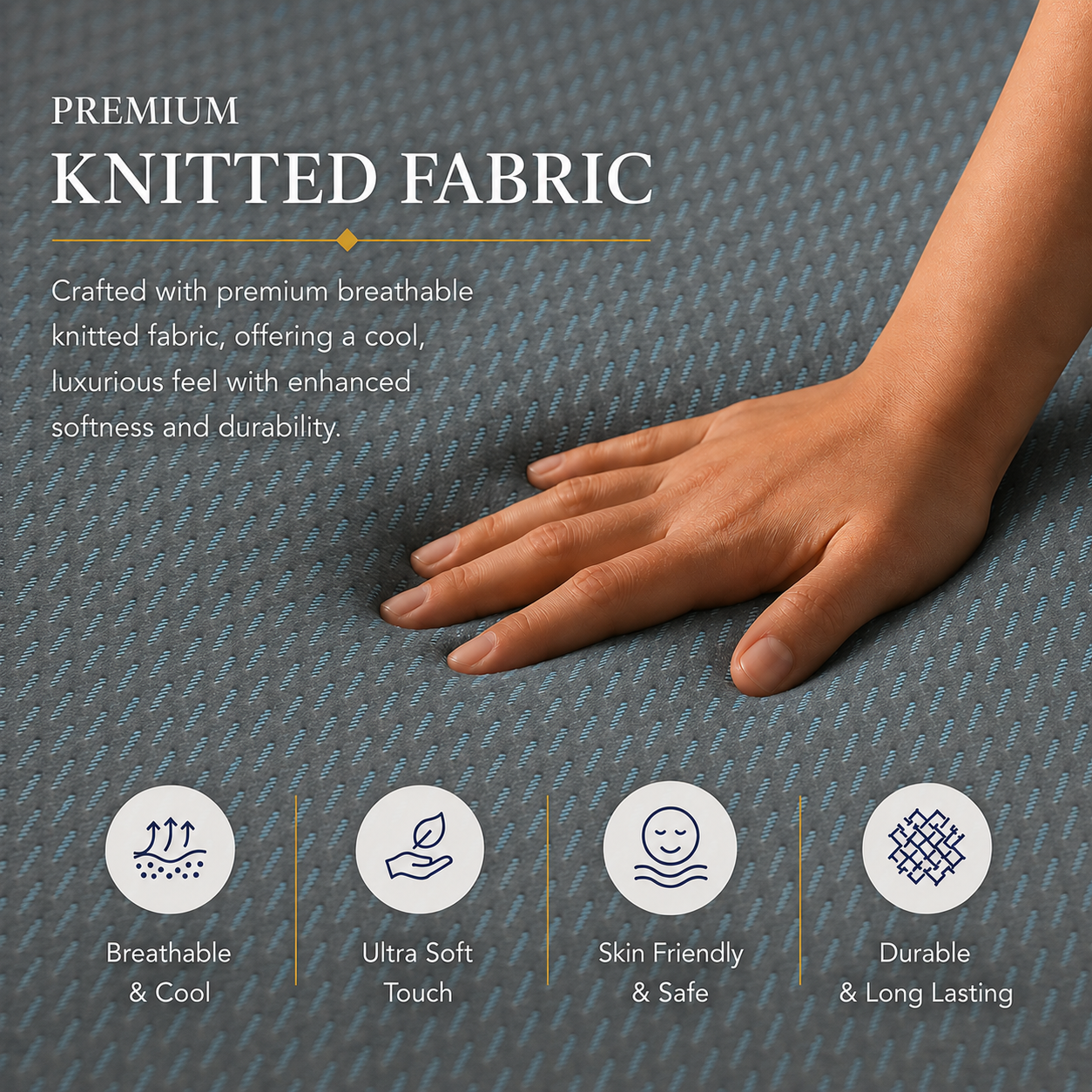 Close-up of a textured knit fabric surface in slate blue-gray, with a hand resting on it. White text at the top reads 'PREMIUM KNITTED FABRIC' with supporting copy about breathability, softness, and durability by Memory Foam Folding & Tri-Fold Mattress