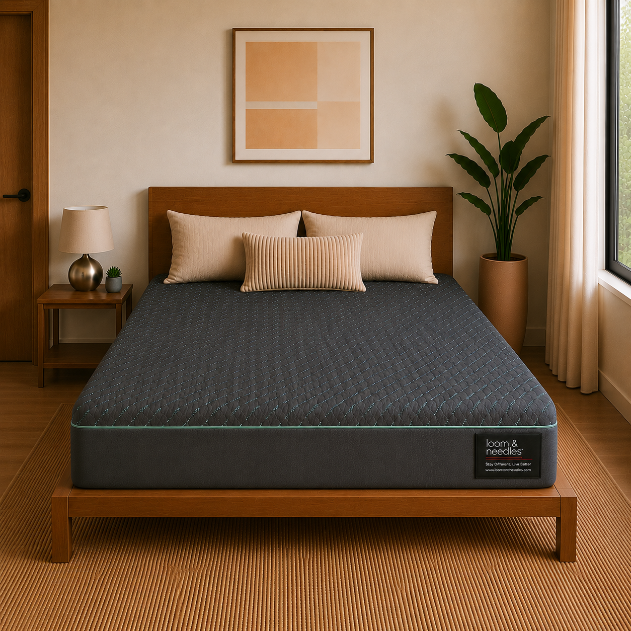 A dark gray Orthopedic Multi Layered Zoned Memory Foam Mattress on a wooden bed frame in a warm, modern bedroom setting with beige walls, a side table, and a potted plant.