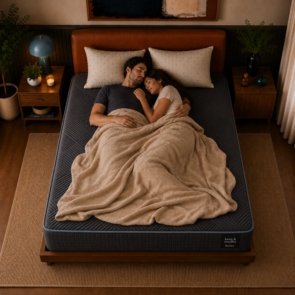 A man and woman are lying under a beige blanket in bed, viewed from above. The bed has a dark gray Reactive Dual Comfort Orthopaedic Pocket Spring Mattress
 with a quilted pattern, a brown headboard, and matching brown nightstands with plants and lamps in a styled bedroom setting.