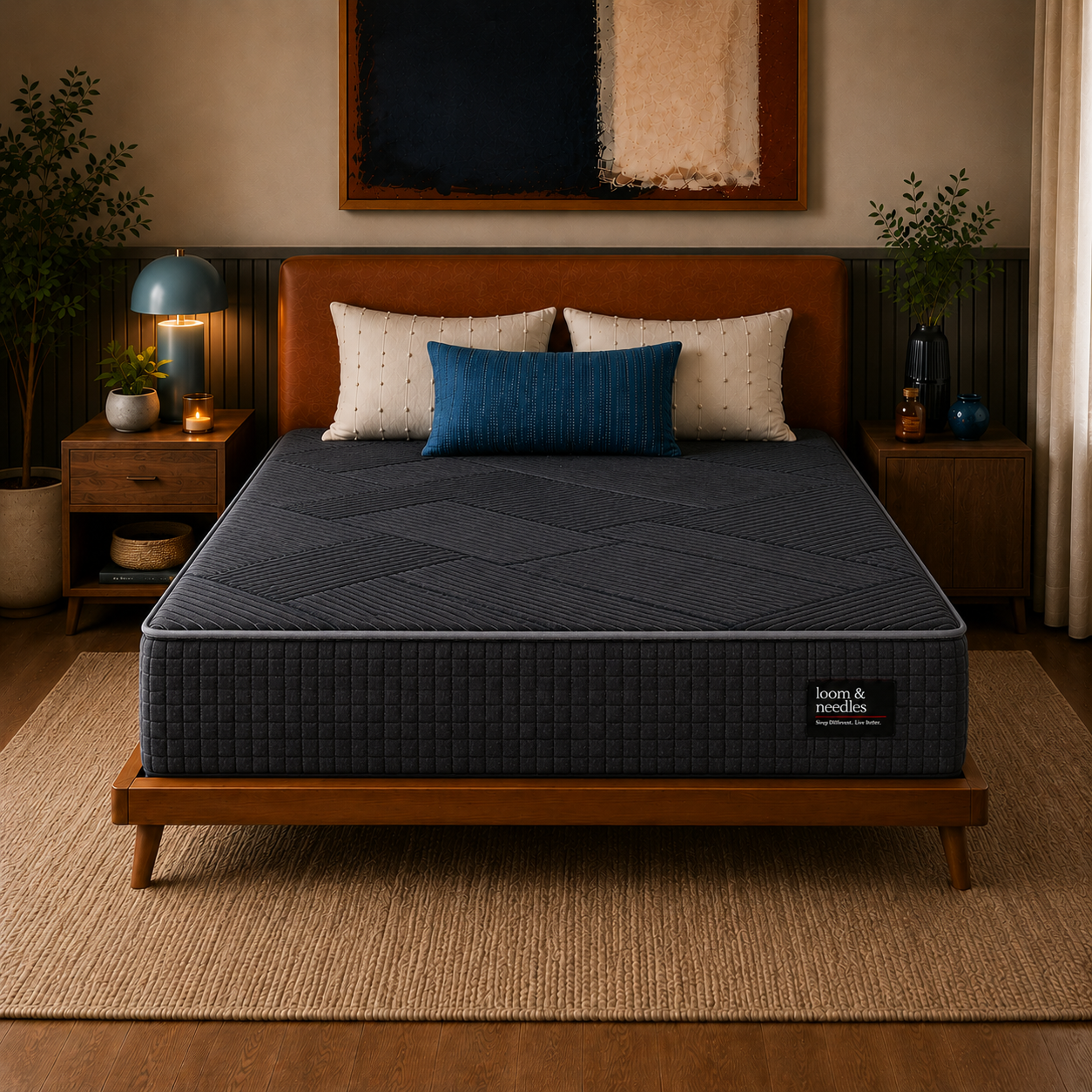A Reactive Dual Comfort Orthopaedic Pocket Spring Mattress on a wooden bed frame in a styled bedroom setting with matching nightstands, plants, and a blue accent pillow.