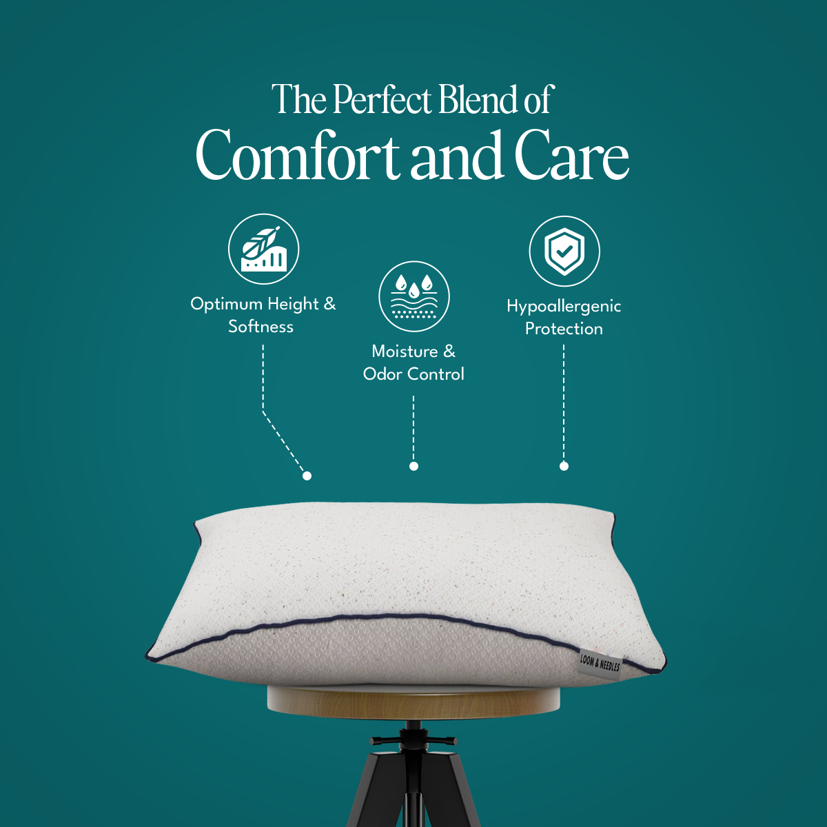 White pillow on a stand with text 'The Perfect Blend of Comfort and Care' and icons on a teal background